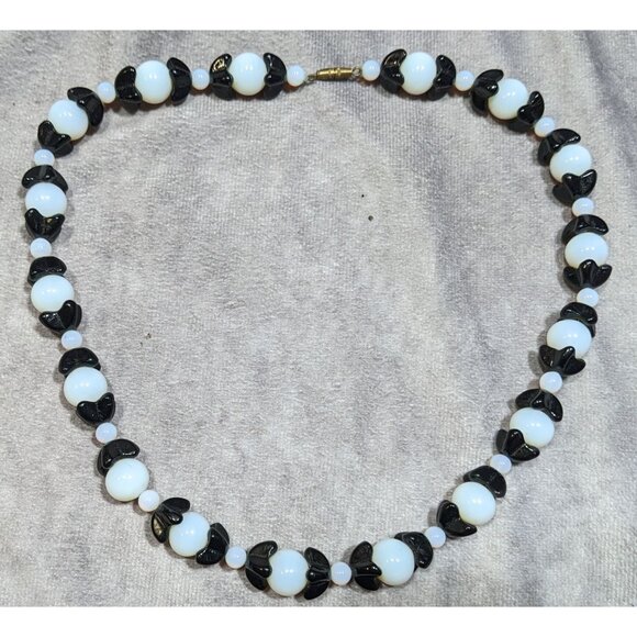 Handmade Whimsical Black And Moonstone Glass Beaded Necklace - Picture 5 of 5